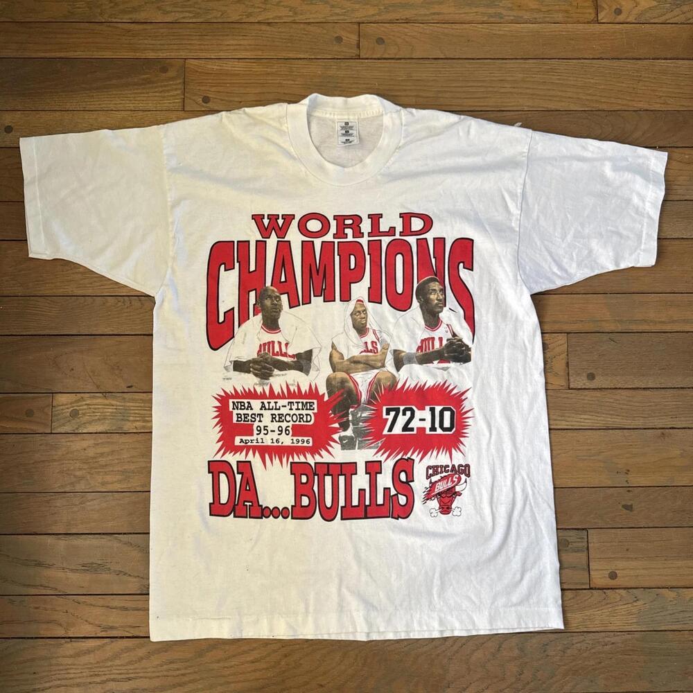 Chicago Bulls 1996 White T Shirt  Jordan Rodman Pippen Da Bulls 72-10